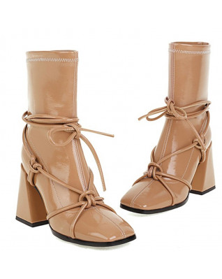 Chelsea Modern Boots Fashion European Style Square Toe Lace-up Strap Ankle High Heels Pumps Shoes for Women 