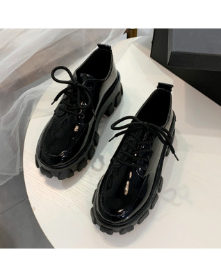 Chunky Sneakers Platform Shoes for Women's Leather Black Lace Mary Janes Casual Korean Style 2023 New Fashion Spring Autumn