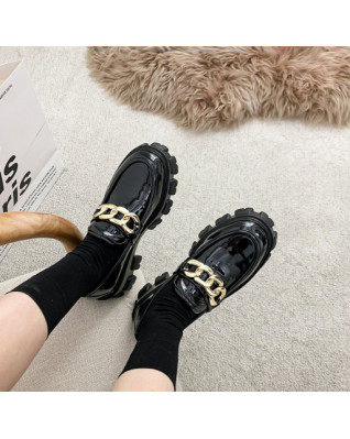 Fashion Gold Color Chain Accessories Patent Leather Platform Shoes for Women Lolita Style Casual All-match High Heels Pumps