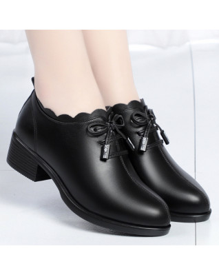 Fashion Lace Leather Platform Pumps Korean Style Casual Waterproof Pointed Toe Shoes for Women Spring Autumn
