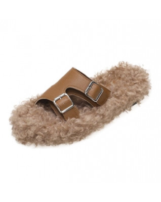Faux Fur Plush Shoes Belt Buckle Access ories Autumn Winter Flat Indoor Floor Casual Cross Fluffy Warm Furry Slippers